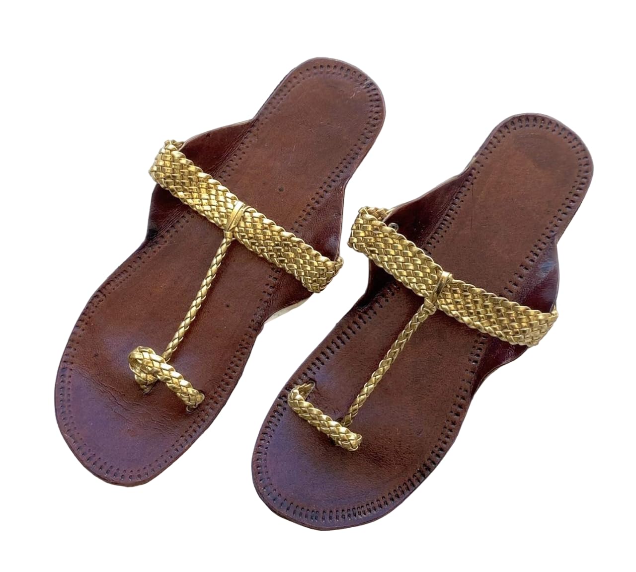 Gold T Strap Kolhapuri Sandals, Leather Boho Style Flat Women's Handmade Slip Ons, Summer Flip Flops, Gift for her - Shoes
