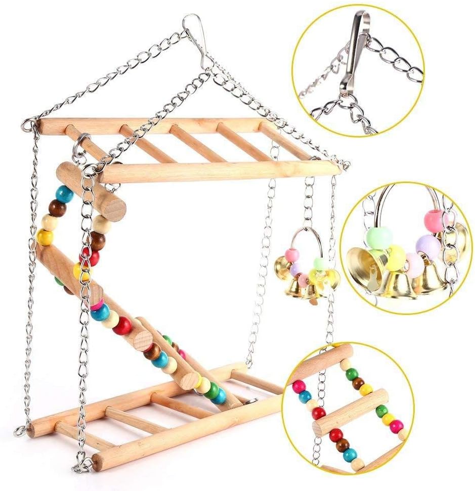 Parrot Playstand Small and Medium-Sized Parrot Toy Swing Cloud Ladder Climbing Ladder Double-Layer Staircase Golden Sun Gray Parrot Bird Toy Bird Playground(38x7x50cm)