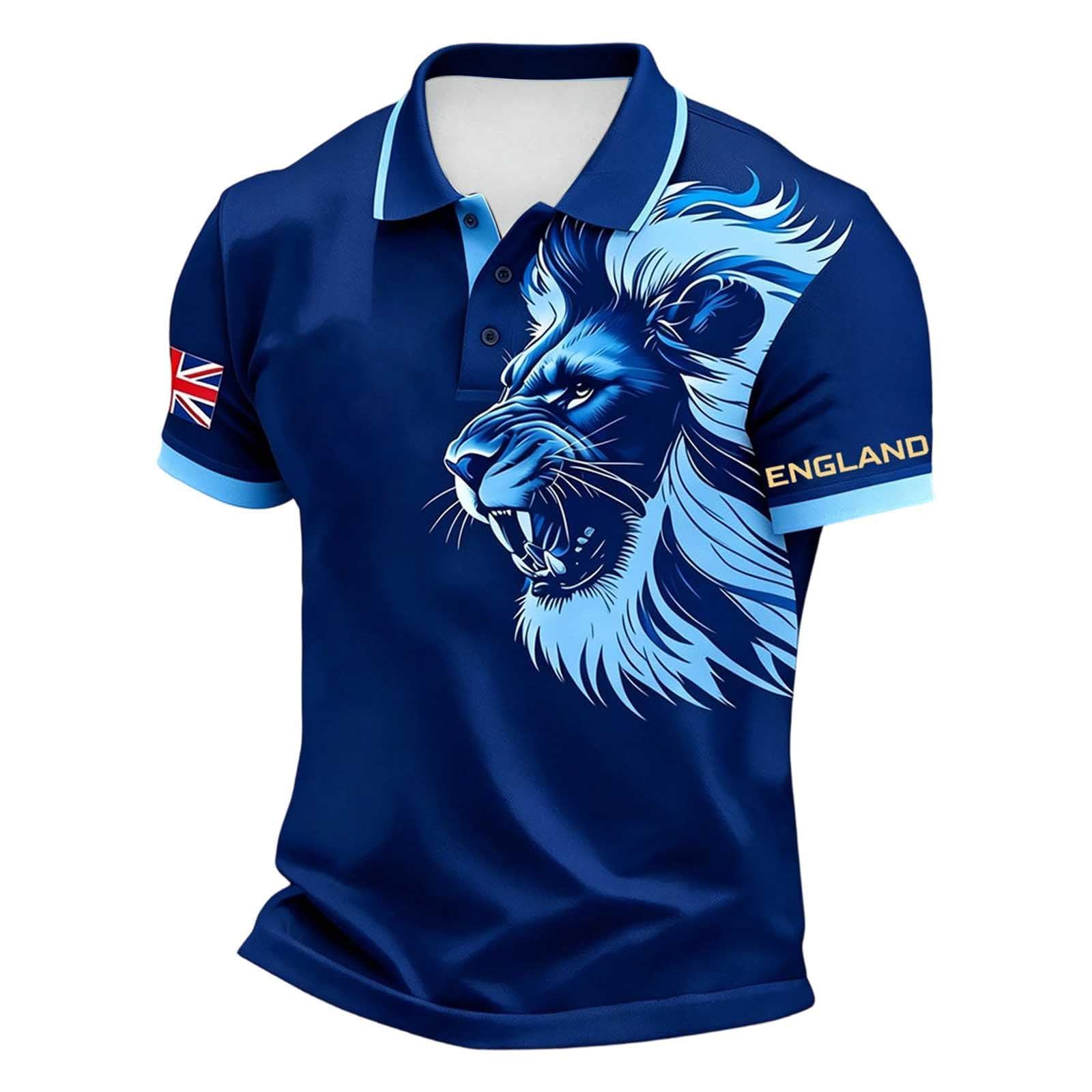 Mens Classic Football Polo Shirt England Three Lions Print Short Sleeve Collared Summer Casual Quick Dry Lightweight Breathable Sports Top Fan Kit Navy XXXXXL
