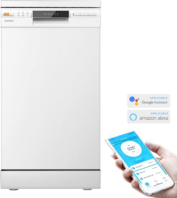 COMFEE' Slimline Freestanding Dishwasher FD934B-W with 9 place settings, Cloud Wash, Delay Start, Half Load Function, Flexible Racks - White