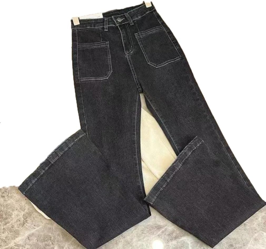 Women's High Waist Washed Denim Flare Jeans, Slim Fit Pocket Vintage Stretch Straight Casual Pants