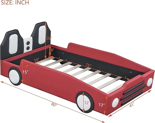 Miniatura 74 de Cama de plataforma clásica en forma de automóvil con ruedas, cama de automóvil de tamaño matrimonial con soporte de listones de madera, marco de