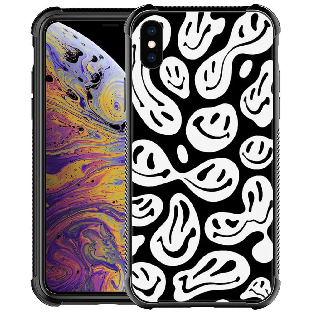 iPhone Xs Case，H0S Black and White Smiley Face Street Fashion Design iPhone X Cases for Boys Girl Graphic Shockproof Soft Silicone TPU Non-Slip Case for Apple iPhone X/XS