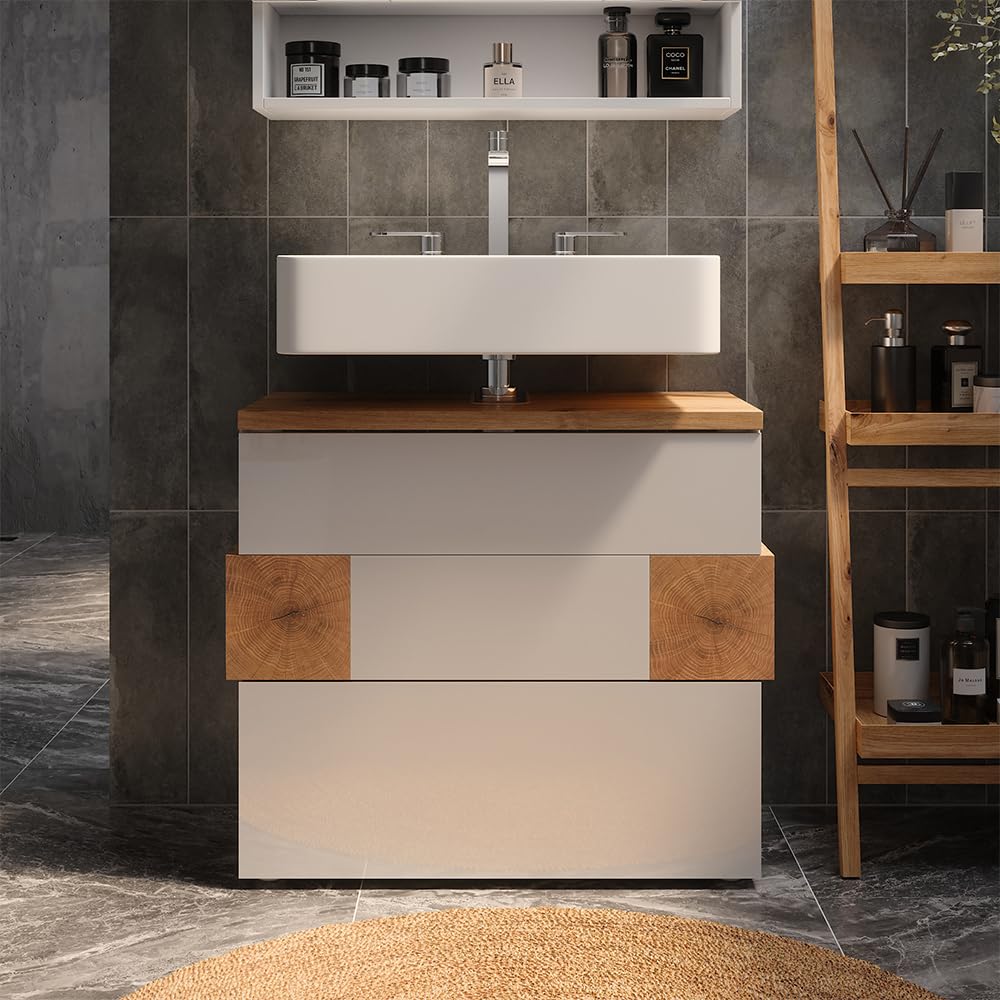 Vicco Waschbeckenunterschrank Eden, Weiß Hochglanz, 70 x 64.5 cm mit 2 Schubladen, zur Wandmontage mit Variabler Innenaufteilung