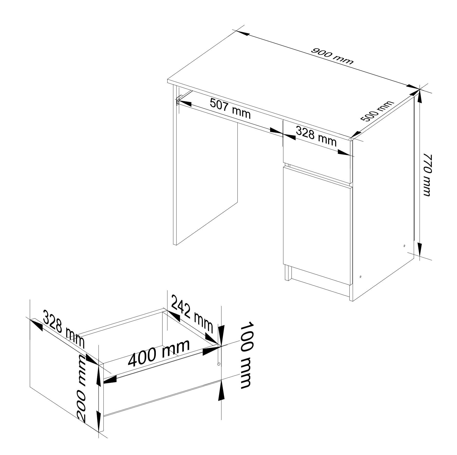 AKORD Bureau Informatique d'ordinateur Piksel | Tablette Clavier | Droit | Desk | 1 Tiroir et 1 Compartiment avec Porte | Table d’étude | L90 x H77 x P50 cm | Blanche