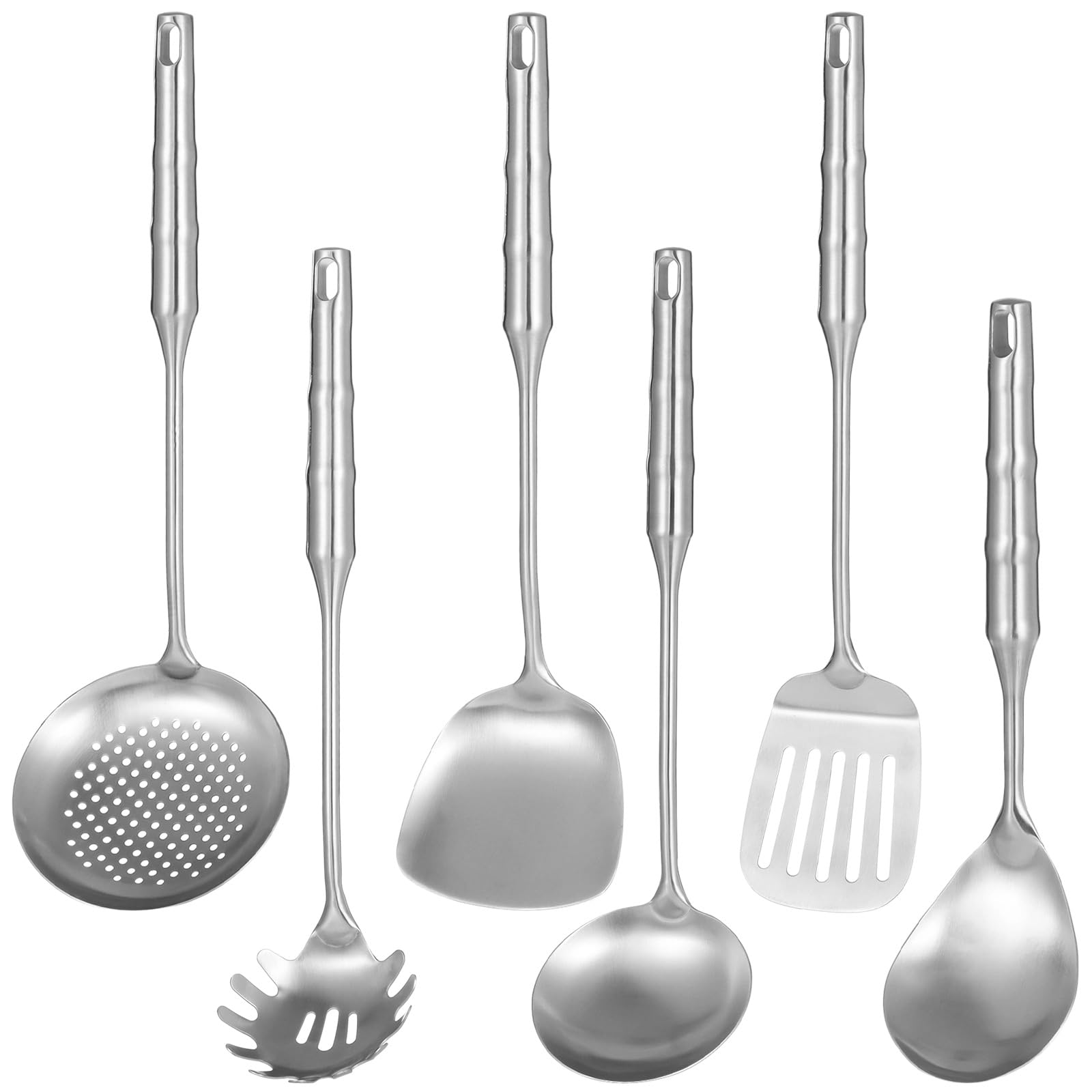 6 Stk. Kochutensilien Set, Edelstahl Küchenwerkzeuge, Suppenkelle, geschlitzter Pfannenwender, Schaumkelle, Löffel, Nudelsieb, Kochgeschirr zum Aufhängen für Zuhause, Braten, Rühren