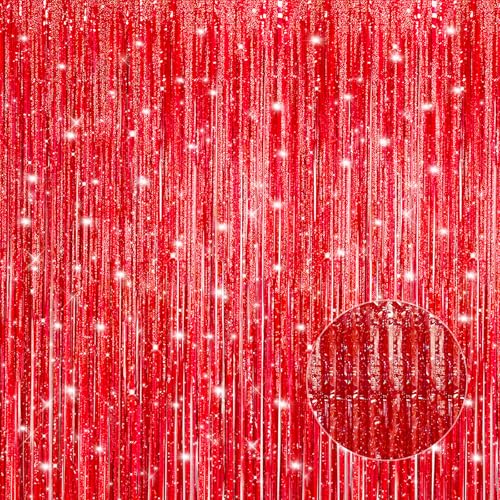 Image of Crosize 3 Pack 3.3 x 9.9 ft Laser Red Foil Fringe Curtains Party Decorations, Laser Red Tinsel Curtain Backdrop for Parties, Door Streamers, Glitter Streamer Backdrop for Birthday Decoration