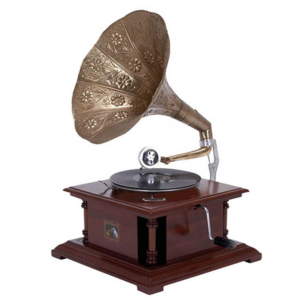 ecWorld Enterprises 7731363 Antik Replica Dunkles Holz Phonograph Grammophone mit großer Gravur Messinghorn