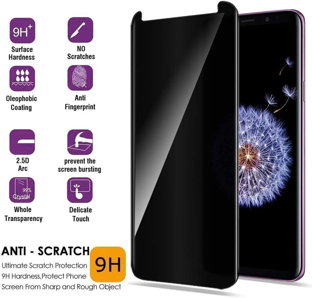 Galaxy S9 Plus Privacy Screen Protector, SUKER Premium 3D Curved [Case Friendly] Anti-Scratch 9H Hardness Anti-Spy Tempered Glass Screen Protector for Samsung Galaxy S9 Plus (2-Pack)