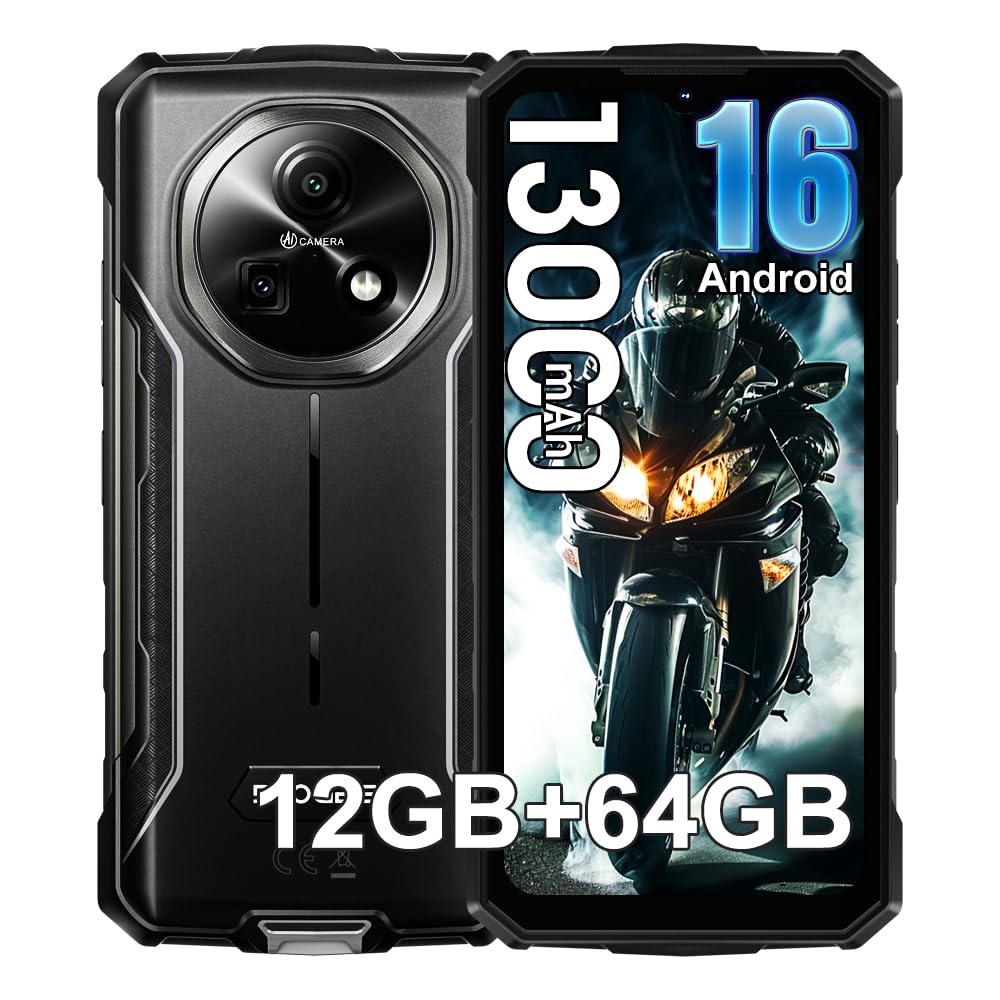 Android 16 Outdoor Handy Ohne Vertrag 2026, 13000mAh Baustellenhandy, 6.6'' HD+ 90Hz, 12GB+64GB/2TB Outdoor Smartphone, 13MP AI Kamera, 4G LTE/Dual SIM/IP68/IP69K/NFC/OTG/FM/3 Slot, Schwarz