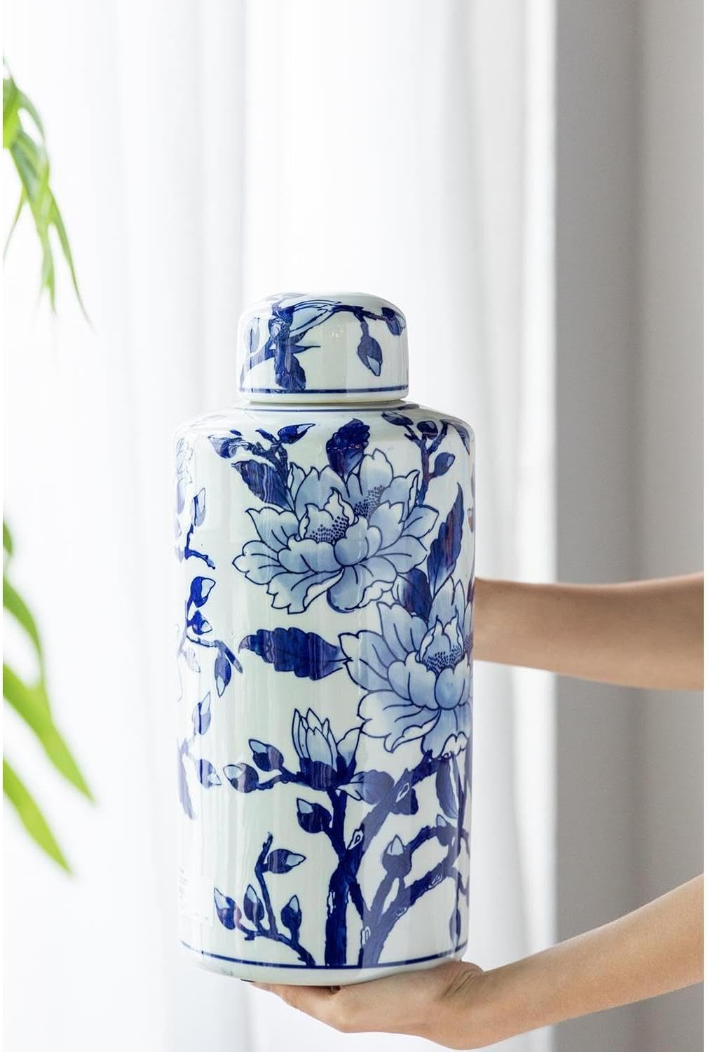 14” Tall Blue and White Porcelain Jar with Lid, Magnolia Motif Jar, Home Decor Accent Jar, for Storage, Centerpiece, Home and Office