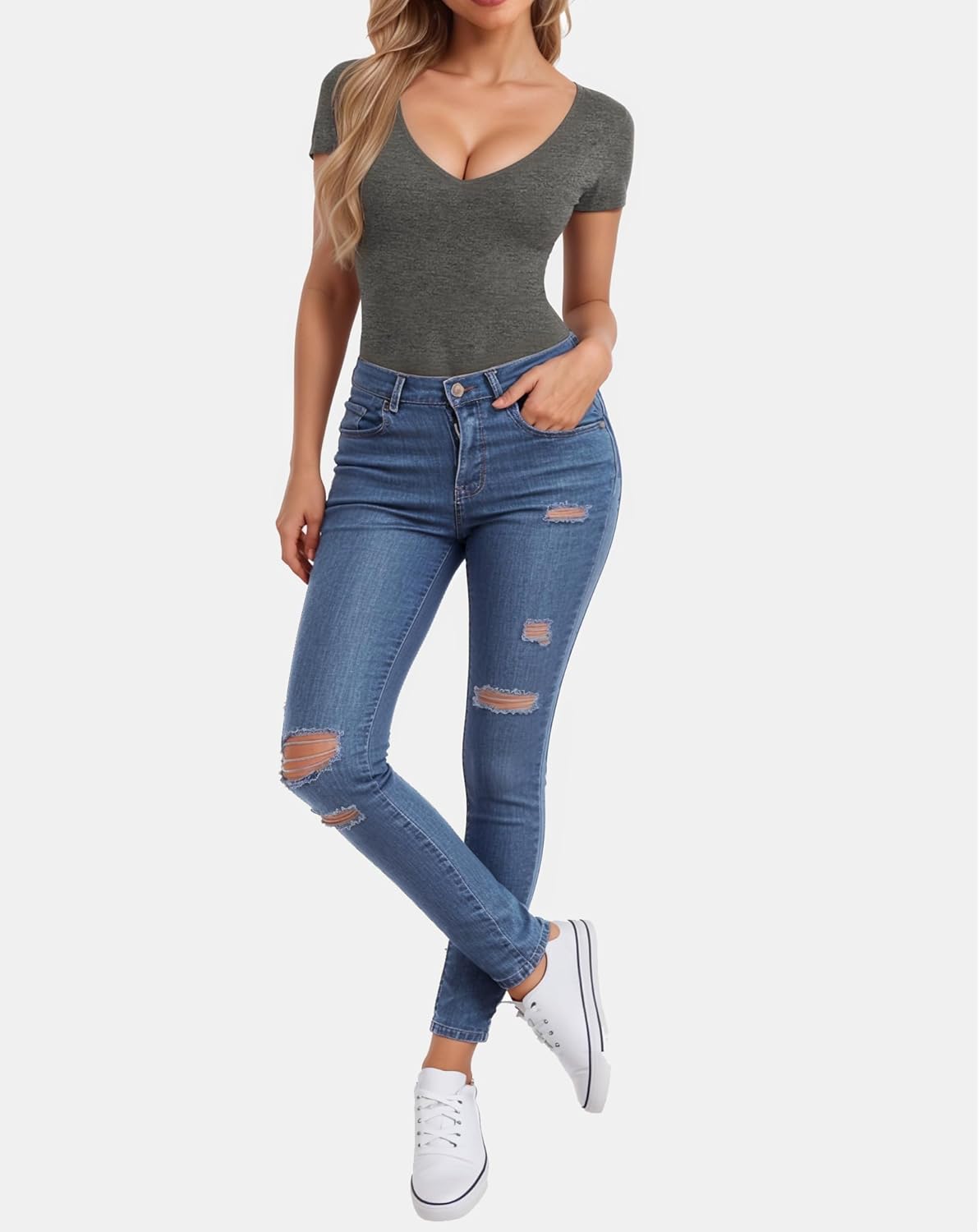 CLOZOZ Short Sleeve Long Sleeve Tops for Women Sexy Womens V Neck T Shirts Fitted Shirts Tight Basic Tee - Image 4