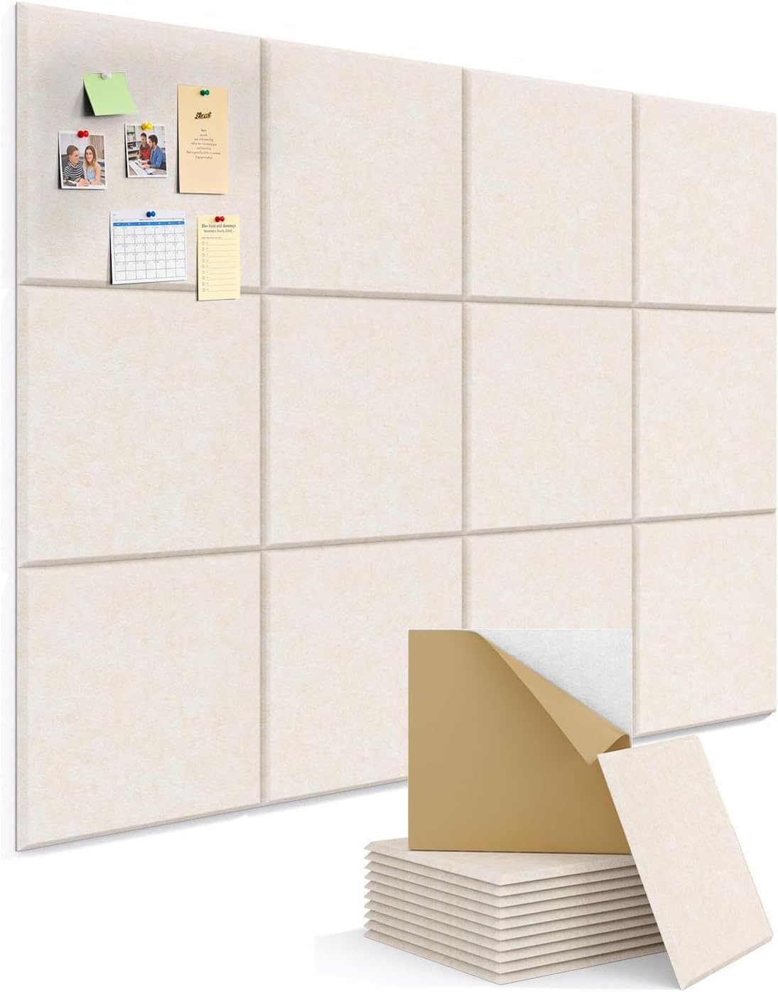 Kuchoow Large Felt Bulletin Cork Board Self Adhesive Beige Squares Pin Wall Tiles, 48'' x 36'' Vision Tack Panels for Classroom Office Display 12 Pack Corkboard for Kitchen Bedroom Home Decor