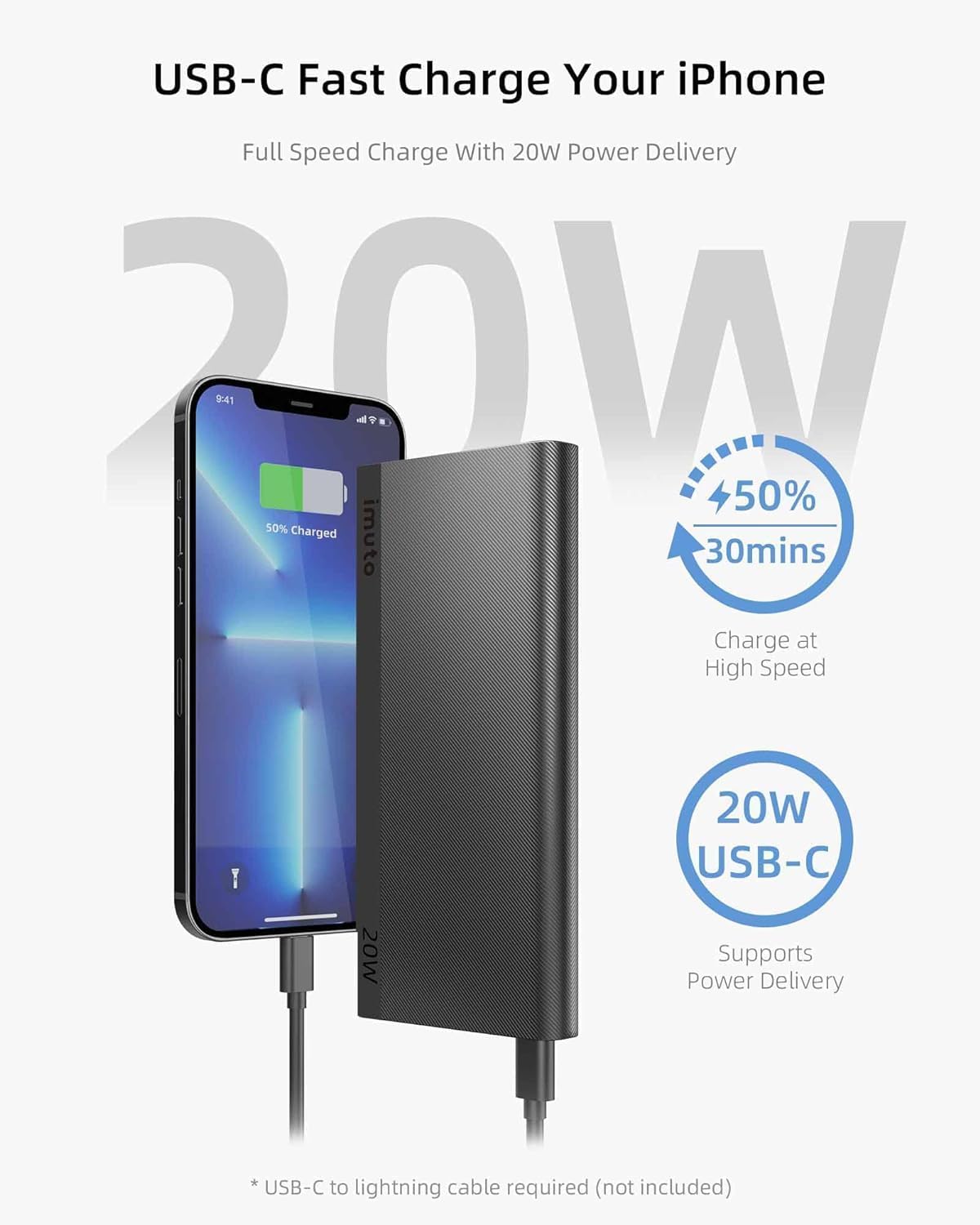 iPhone being fast charged via the USB-C port of the imuto portable charger.