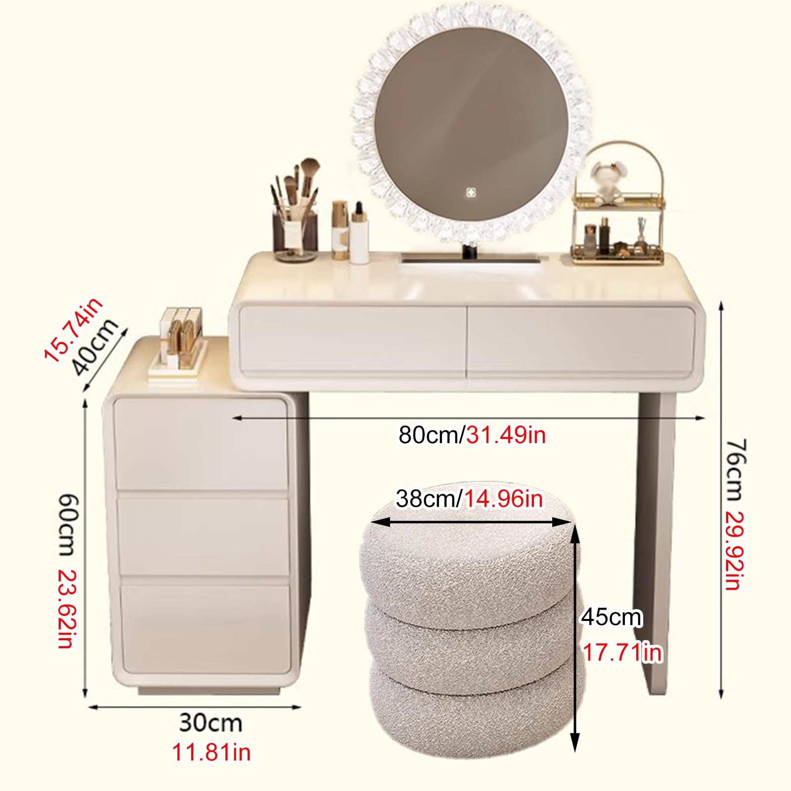 Moderno set da trucco illuminato con sgabello e armadiettoElegante tavolo da trucco in 3 colori per camera da letto, design compatto (80 cm) perfetto per gli amanti della bellezza e piccoli spazi