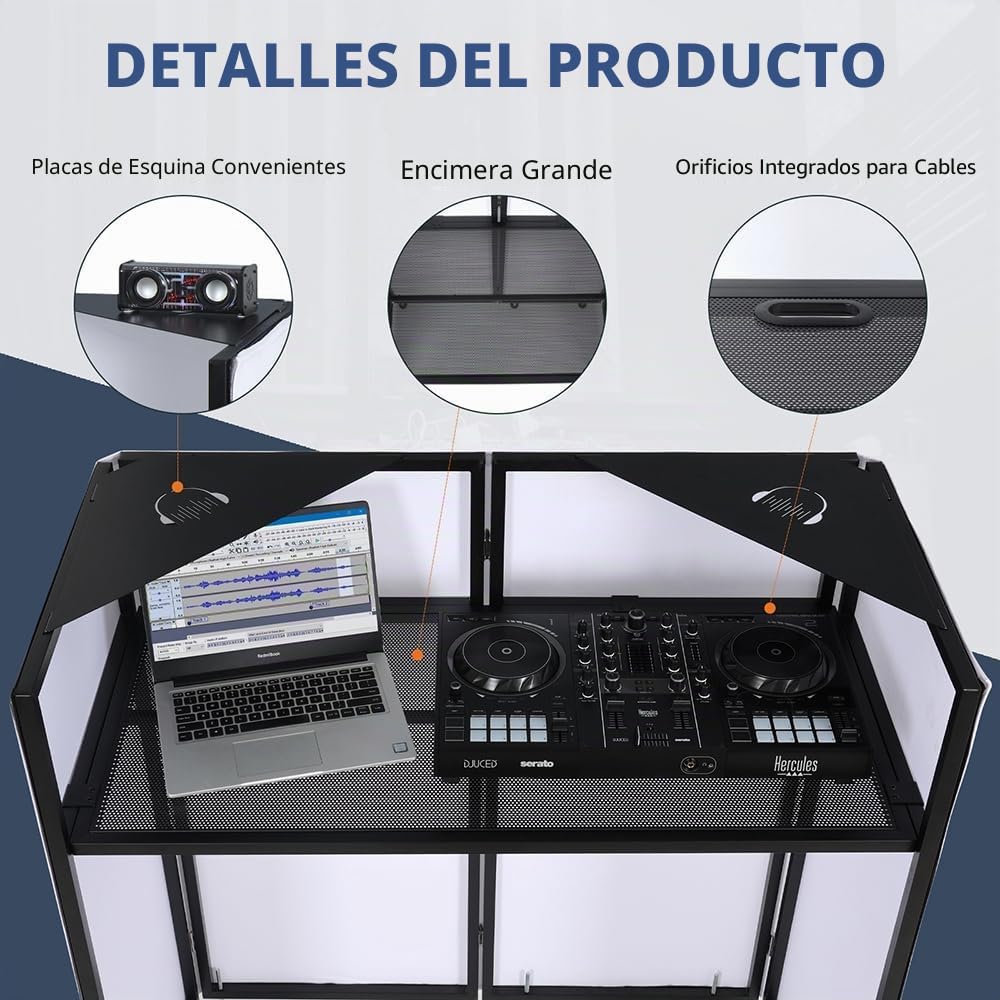 SMONTER Mesa portátil de DJ con barra de luces y control remoto - Cabina de DJ con pasacables, dobles esquinas superiores, marco de metal, pantallas negras y blancas, 5 pies ajustables y bolsa de