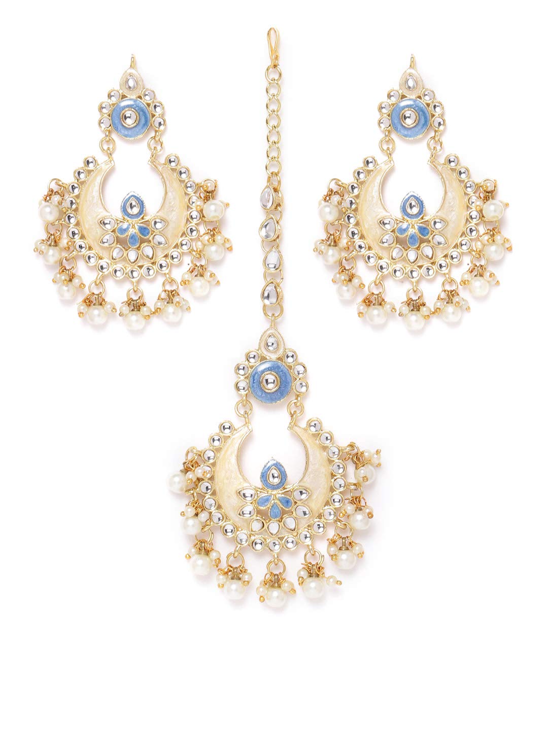 ZAVERI PEARLS Enamelling Blue Kundan & Pearls Wedding Collection Earring & Maangtikka Set For Women-ZPFK18495