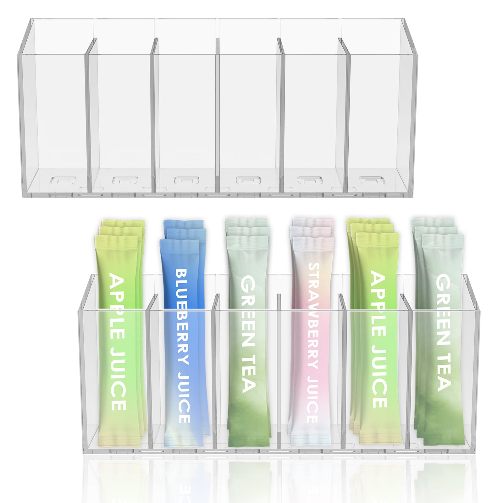 RHAIQBVC 2Pcs Transparent Tea Packet Storage Container Plastic Coffee Packet Holder Organizer Clear Pantry Organizer Bin with 5 Removable Dividers for Table Refrigerator Cabinets Pantry