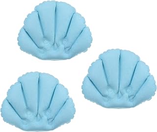 PATIKIL Inflatable Bath Pillow with Suction Cups, 3 Pack Terry Cloth Covered Shell Shape Bathtub Spa Pillow Neck Support for Bathtub Hot Tub, Blue