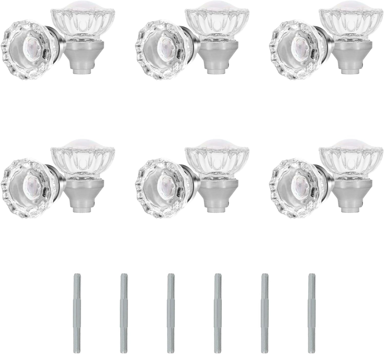 6 Pack Clear Crystal Door Knobs Privacy or Passage Function,Octagonal Diamond Glass Interior Knob with Spindle Satin Nickel Finished