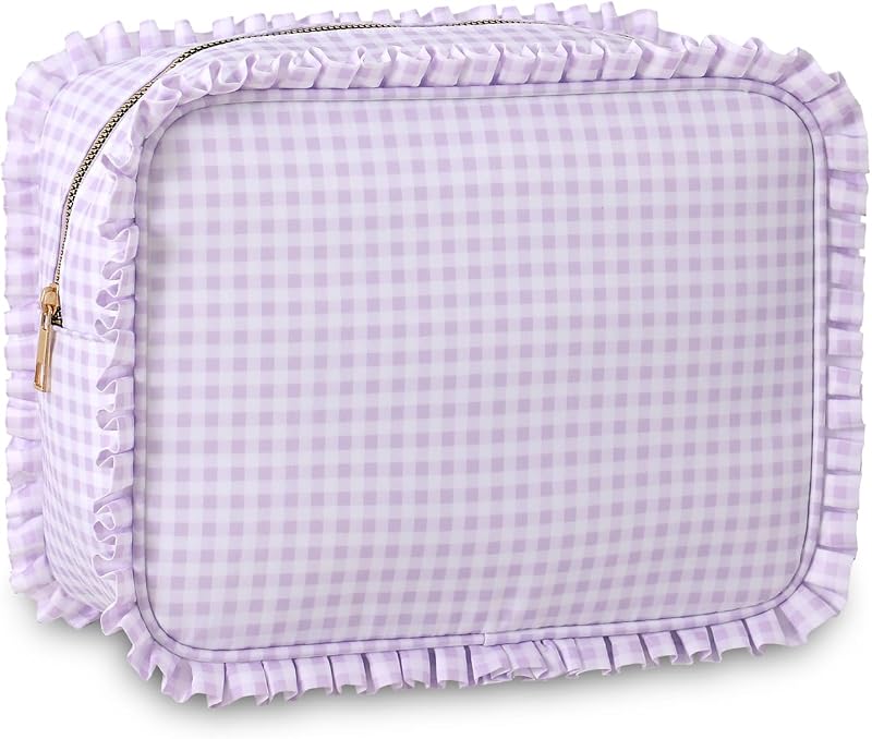 Necessaire de maquiagem EMBRUNIOICE com babados, estampa xadrez roxa
