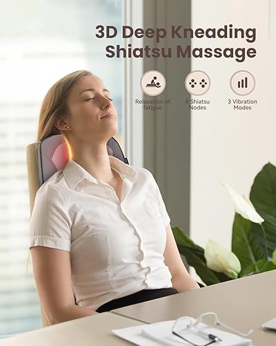 Miniatura 2 de COMFIER Masajeador de espalda Shiatsu con calor y vibración, masajeador de cuello y hombros Kneed para aliviar el dolor de tejido profundo, almohada