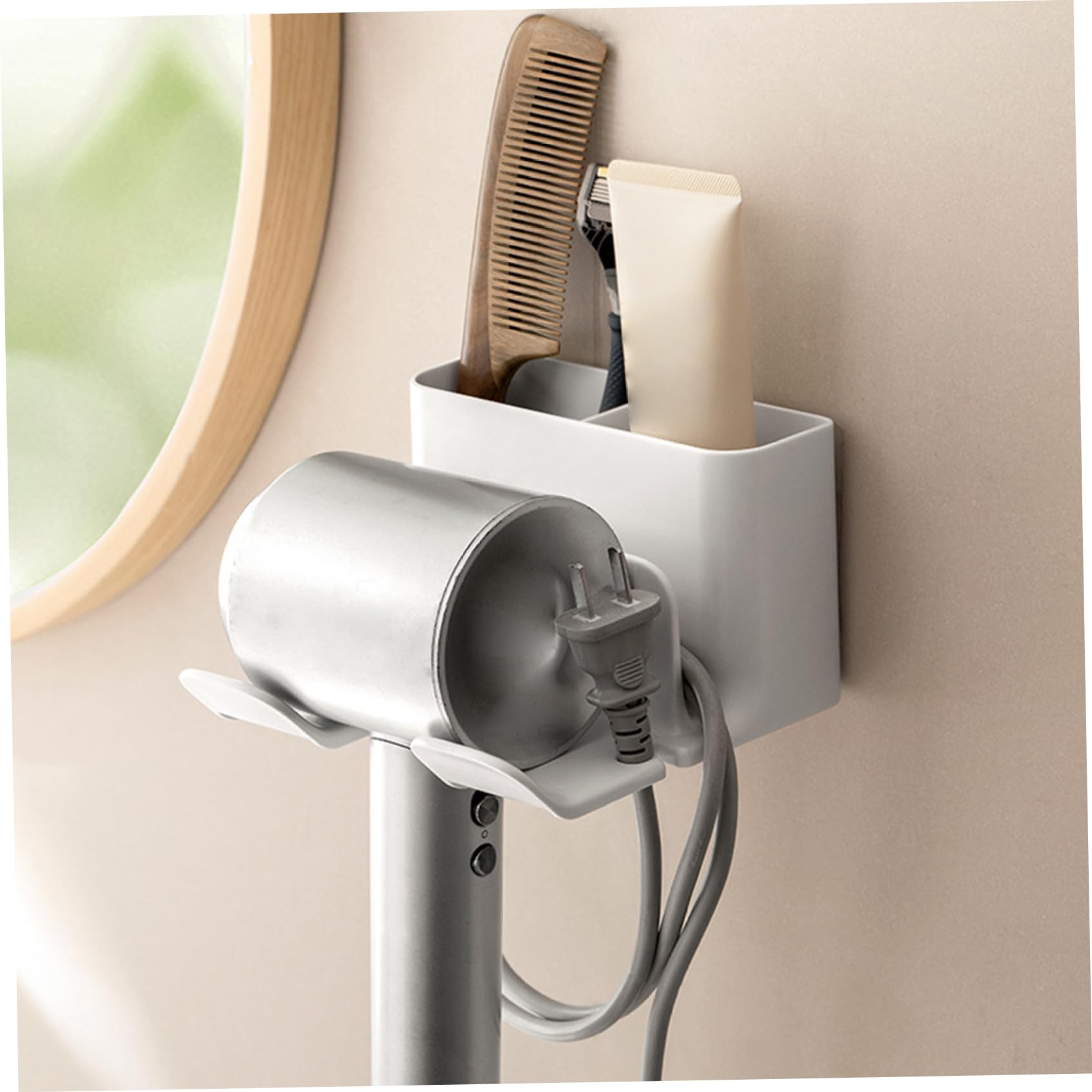 Licsaliwe Hair Dryer Holder, Plastic Hair Tool Organizer with Storage, Space-Saving Self-Adhesive Blow Dryer Stand for Dressing Table Bathroom