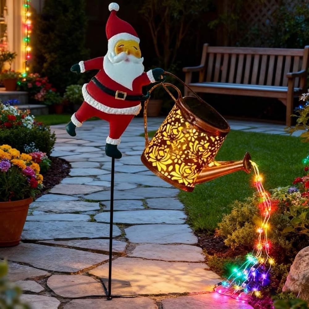 Christmas Santa Solar Kettle Lights Garden Lawn Decorative Light,Waterproof Outdoor Lantern Decoration,Vintage Metal Watering Can with Claus for Patio Path Walkway Decoration,Gifts (Colourful-1pc)