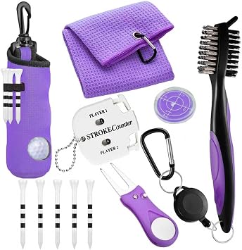 11 Pcs Golf Accessories Kit, Include Golf Ball Bag with Hook Tees Towel Cleaner Brush Ball Marker Divot Tool Score Counter Purple
