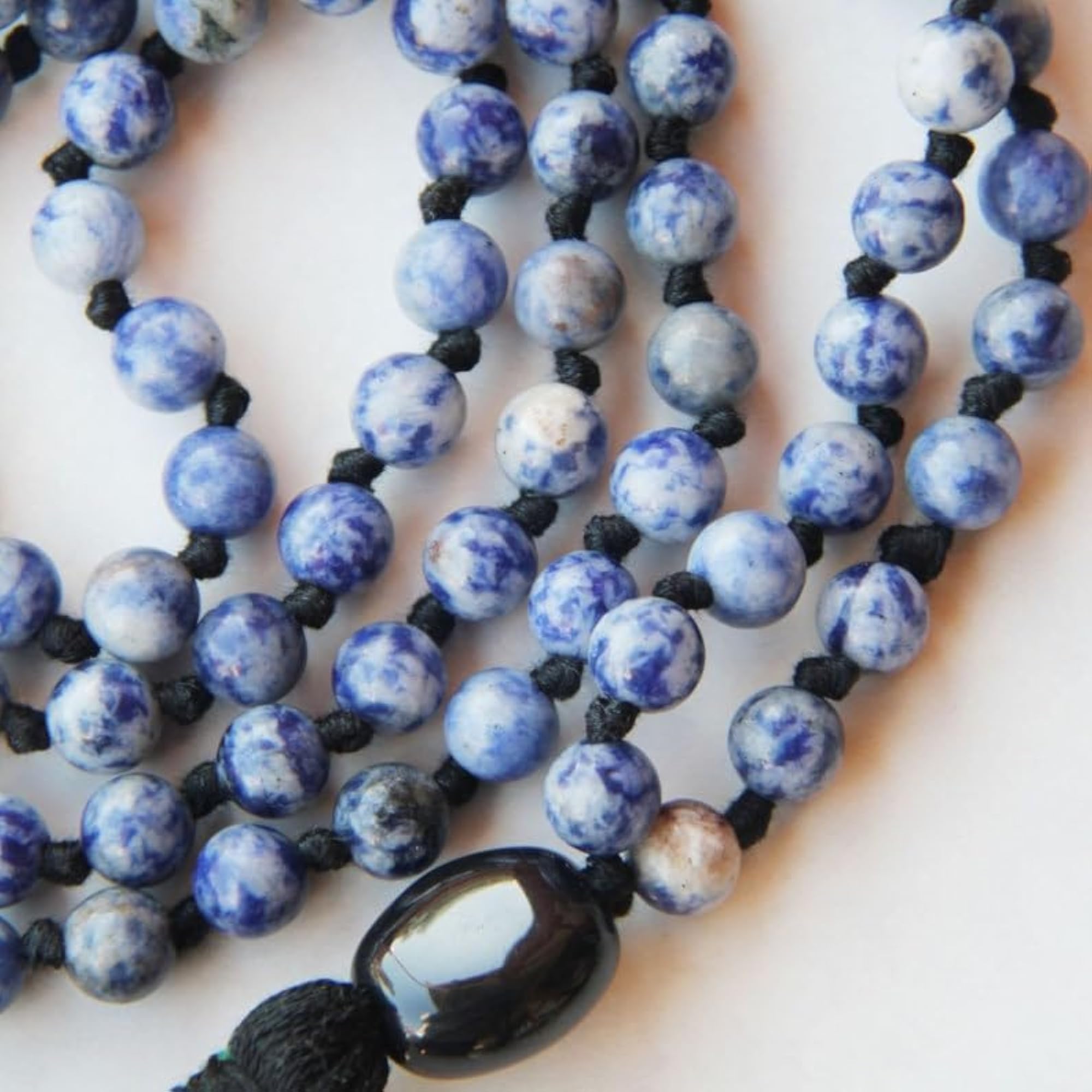 Natural Blue Agate 108+1 Beaded Handmade Prayer Mala Necklace