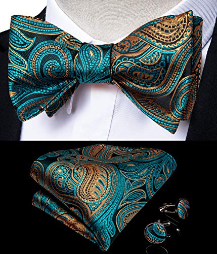 Image of DiBanGu Men Bow Tie Paisley Striped Self-Bow Tie for Men and Silk Woven Bowtie Pocket Square Cufflinks Wedding Party