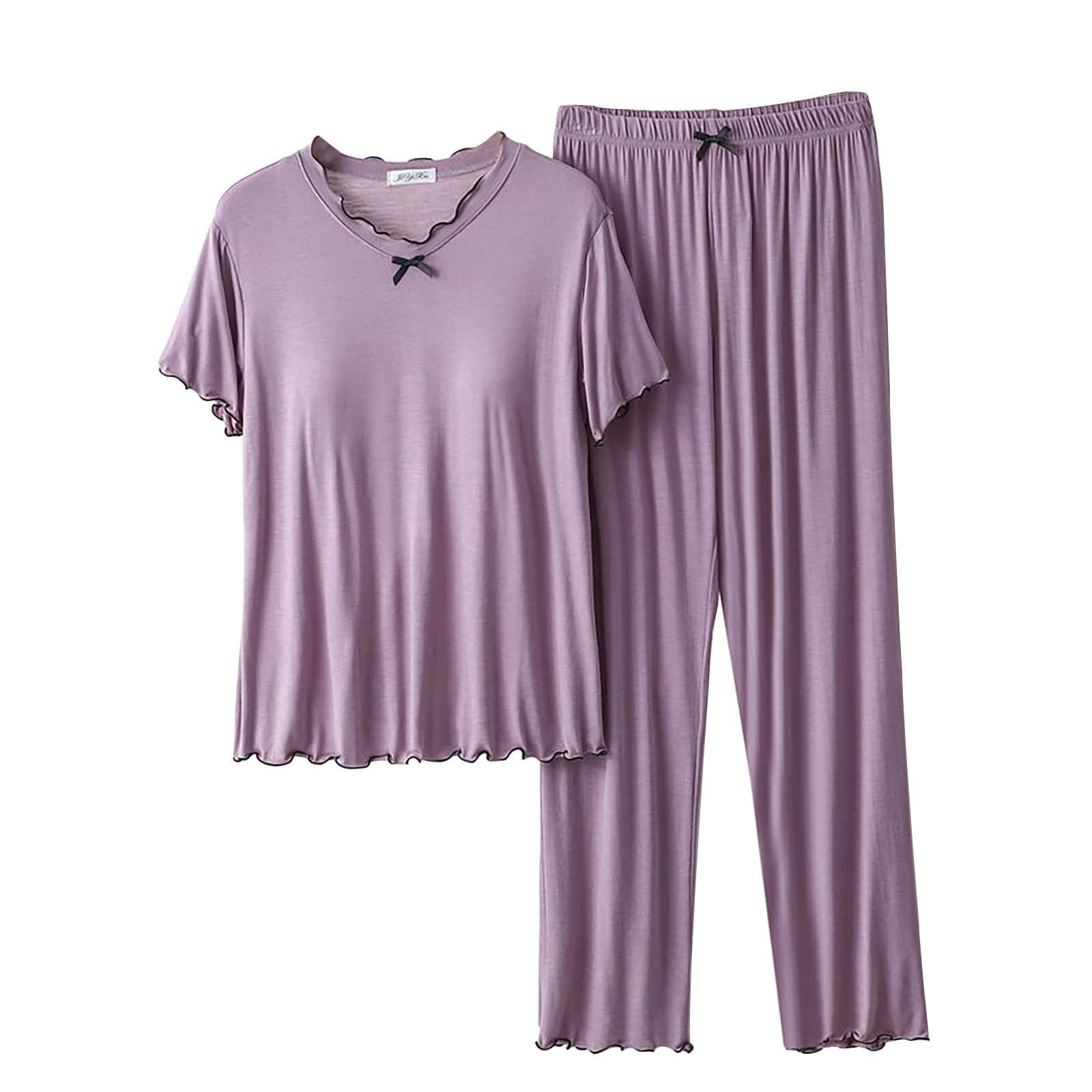 GenericLadies Nightwear Women's Pajama Set 2 Matching Set Short Sleeve Top And Pants Set With Pockets Silk Pajama Set Women's Pajamas Pants Set Summer