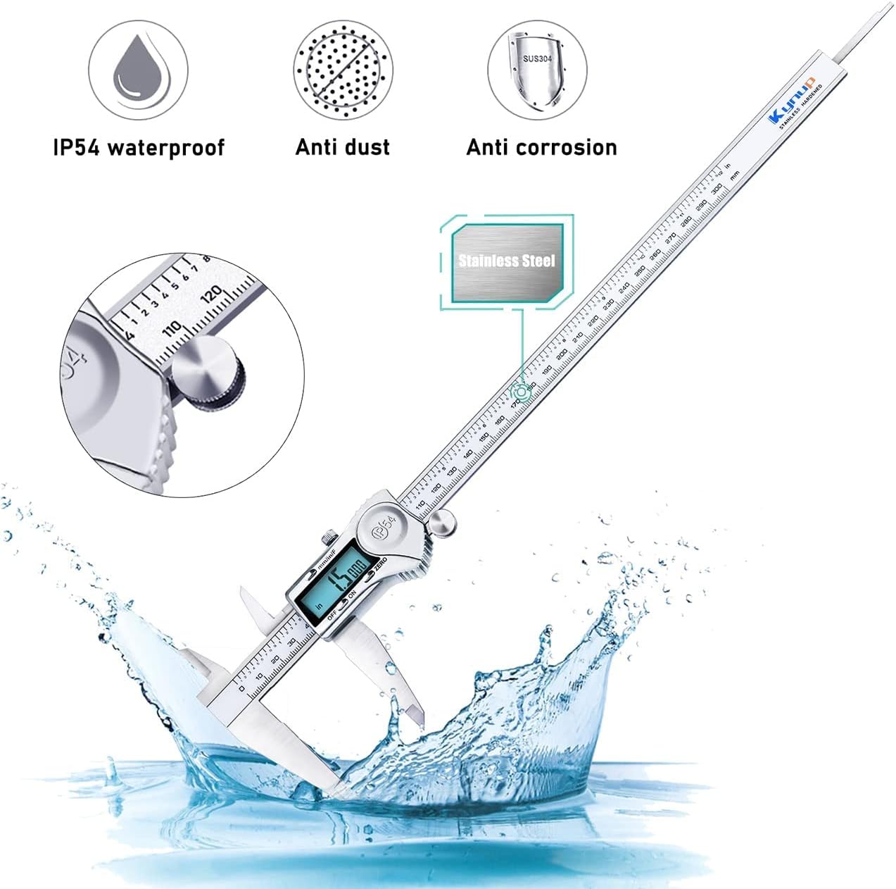 Kynup 0-12 Inch Digital Caliper, Calipers Measuring Tool with IP54 Waterproof Protection, Stainless Steel Design (150mm/200mm/300mm)