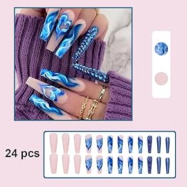Magrace Long Coffin Press on Nails Blue Fake nails 24 pcs French Tips False Nails with Designs Stick on Nails for Women (A-5)