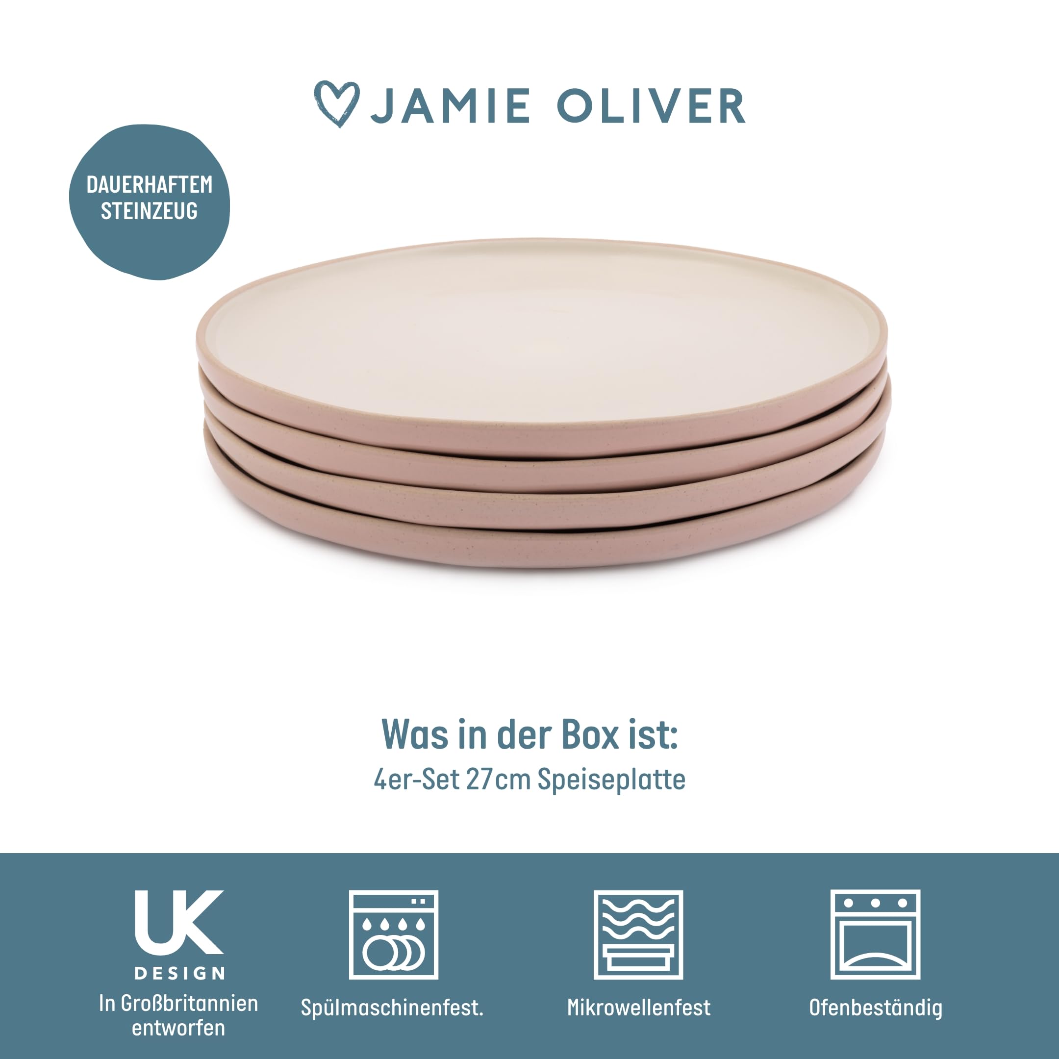 Jamie Oliver Big Love Perfect Teller, Steingut Essteller mit Erhöhtem Rand, spülmaschinen- und mikrowellengeeignet, Rosa/Weiß, 4er-Set, 27x27x6cm
