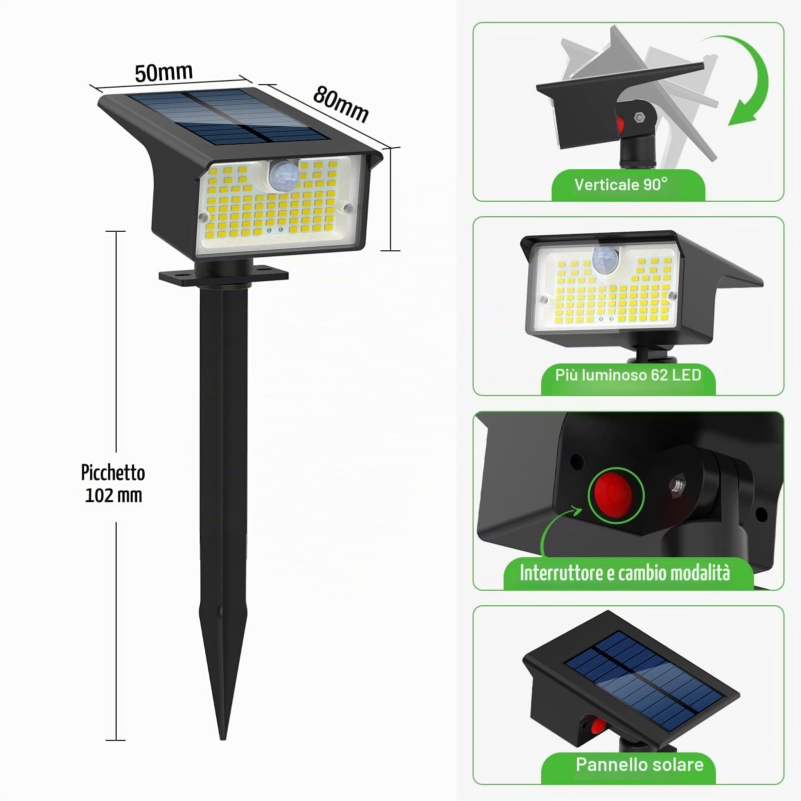 nipify 6 Pezzi Faretti Solari a LED da Esterno con Sensore di Movimento, 62LED 3 Modes Lampade Solare da Giardino Potenti, IP65 Impermeabile Luci Solari per Cortile, Vialetto, Bianco Freddo