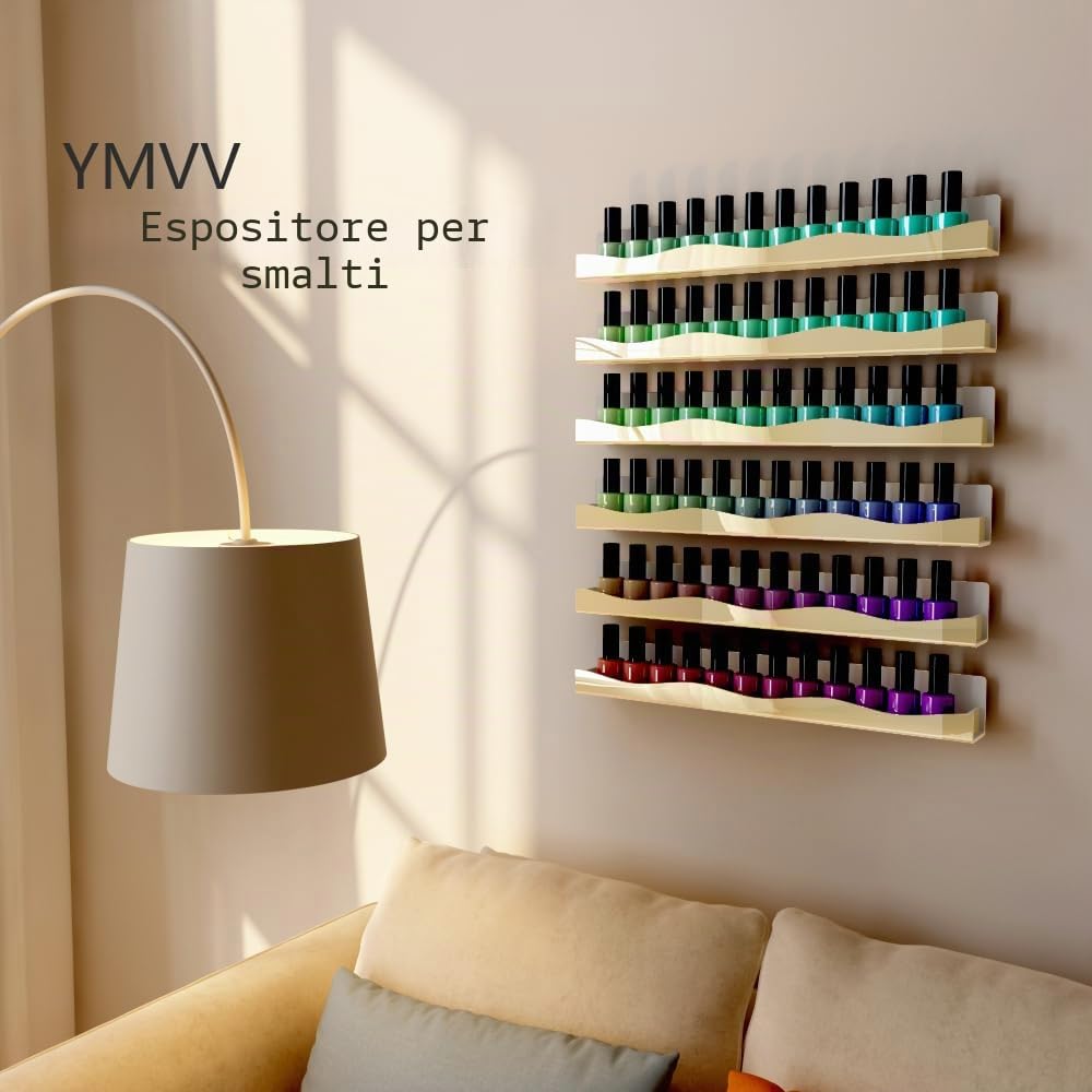 YMVV Organizer da parete per smalti, 38,1 cm, finitura a specchio dorato, per riporre smalti e cosmetici essenziali, espositore multiuso per piccoli spazi, bagno di vanità, confezione da 6