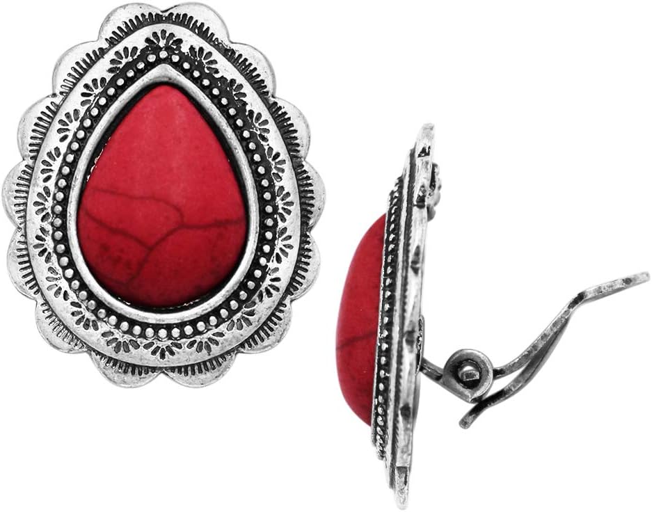 Rosemarie & Jubalee Women's Statement Western Style Natural Howlite Teardrop Cowgirl Clip On Style Earrings, 1.12"