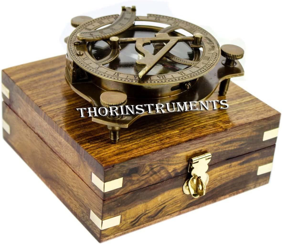 THOR INSTRUMENTS 5" Triangular Nautical Sundial Compass with Level Meter, Encased in Genuine Rosewood Anchor Inlaid Case, Maritime Decor Gift