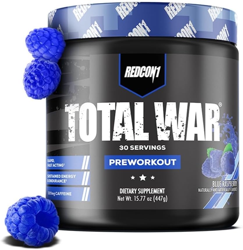 Total War Pre Workout, Blue Raspberry - Beta Alanine + Citrulline Malate Keto Friendly Preworkout for Men & Women with 320mg of Caffeine - Fast Acting (30 Servings)