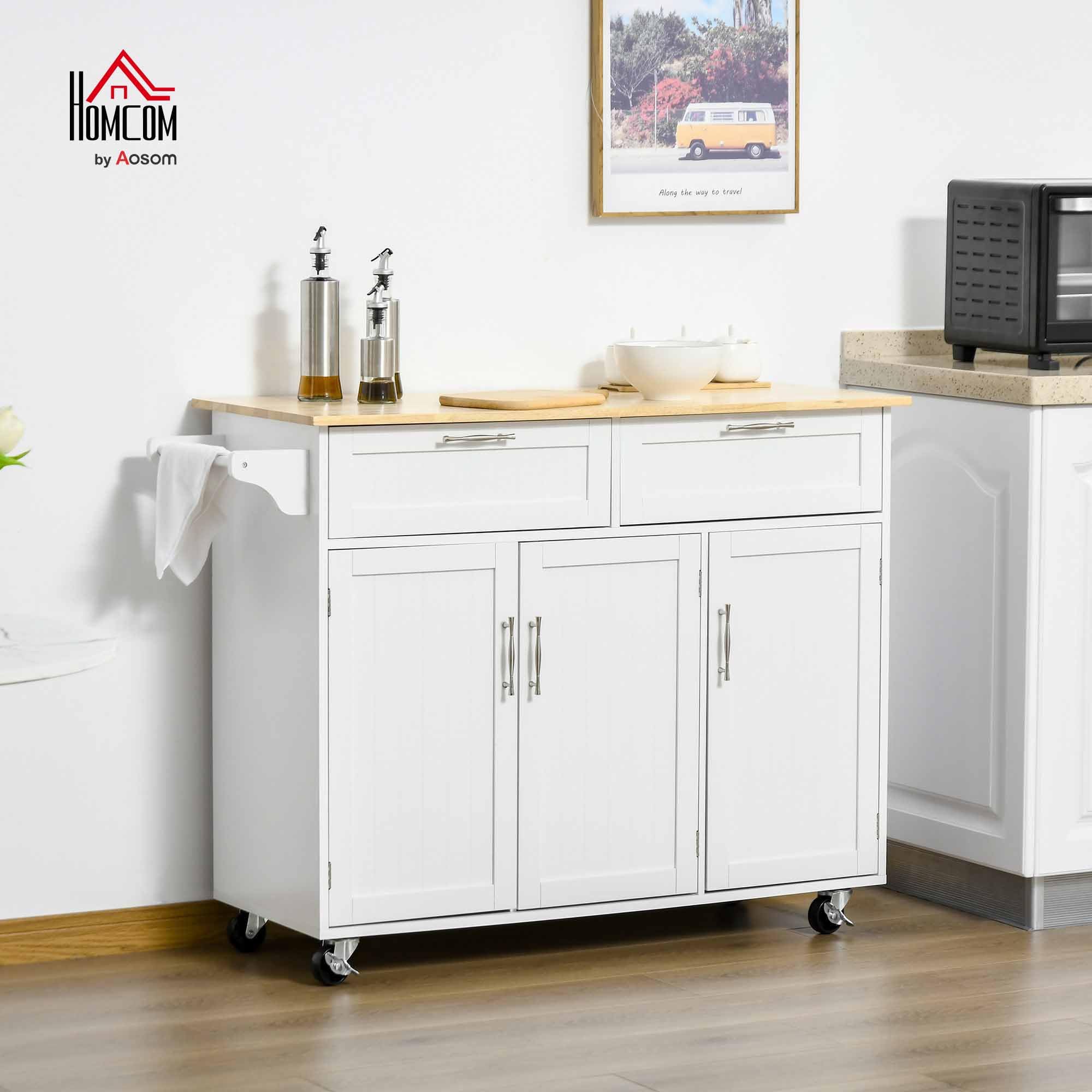 HOMCOM Carrello da Cucina Multiuso con 2 Cassetti, 3 Antine e 4 Ruote, in Legno e MDF, 121x46x91cm, Bianco