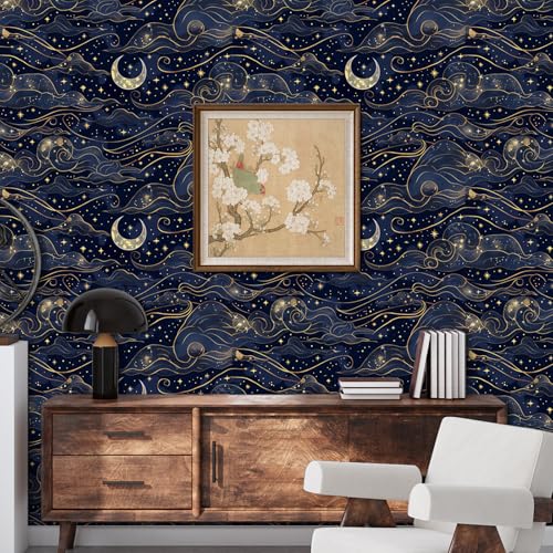 KDGHORMY Sky Wallpaper Peel and Stick Self Adhesive Dark Blue Dreamy Watercolor Vivid Romantic Whimsical Cloud Star Moon Contact Paper Removable Waterproof for Bedroom Renter Friendly 17.71"x118.1" — view 2