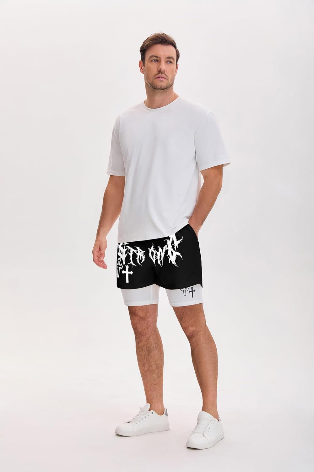 QJQ Men's 2 in 1 Goth Graphic Drawstring Elastic Waist Shorts Summer Casual Workout Athletic Gym Track Shorts