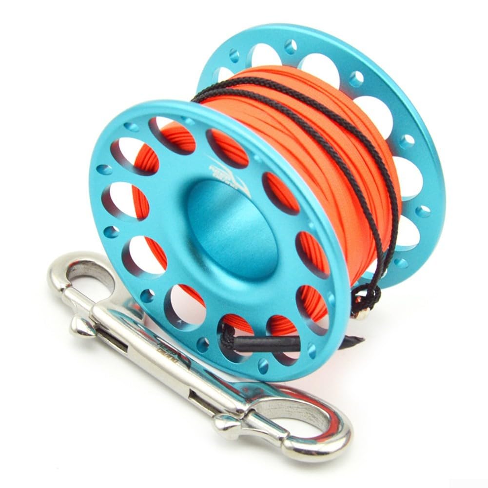 Carrete de buceo de aluminio anodizado azul de 30m con giratorio de acero