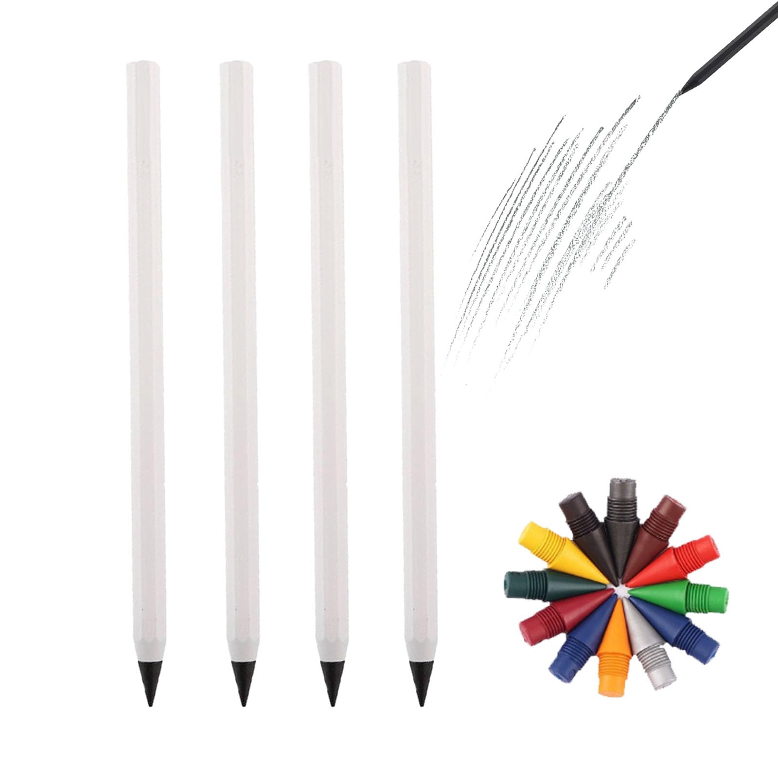 everpen Forever Pencil,Metal Infinity Pencil with Replaceable Nib, Metal Alloy Writing Instrument, With 12 Colored Refill Tips, Pencils for Drawing, Sketching and Writing (4pcs-White+Colored Pen Tip)