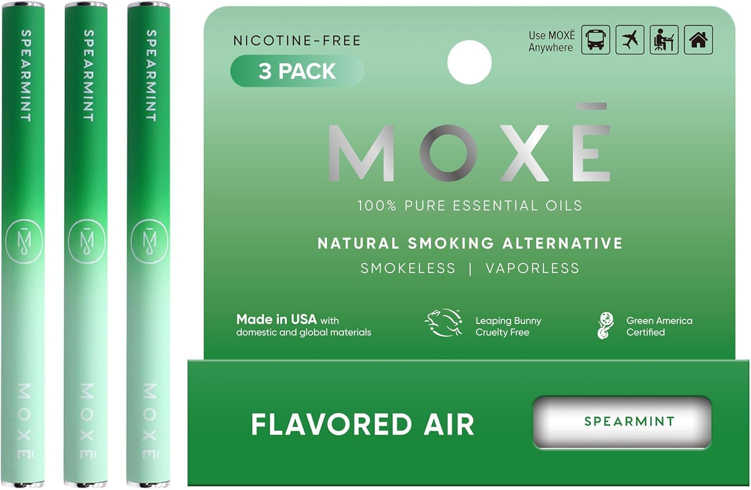MOXE Natural Spearmint Smokeless Inhaler, Non-Electric Craving Relief, 3PK