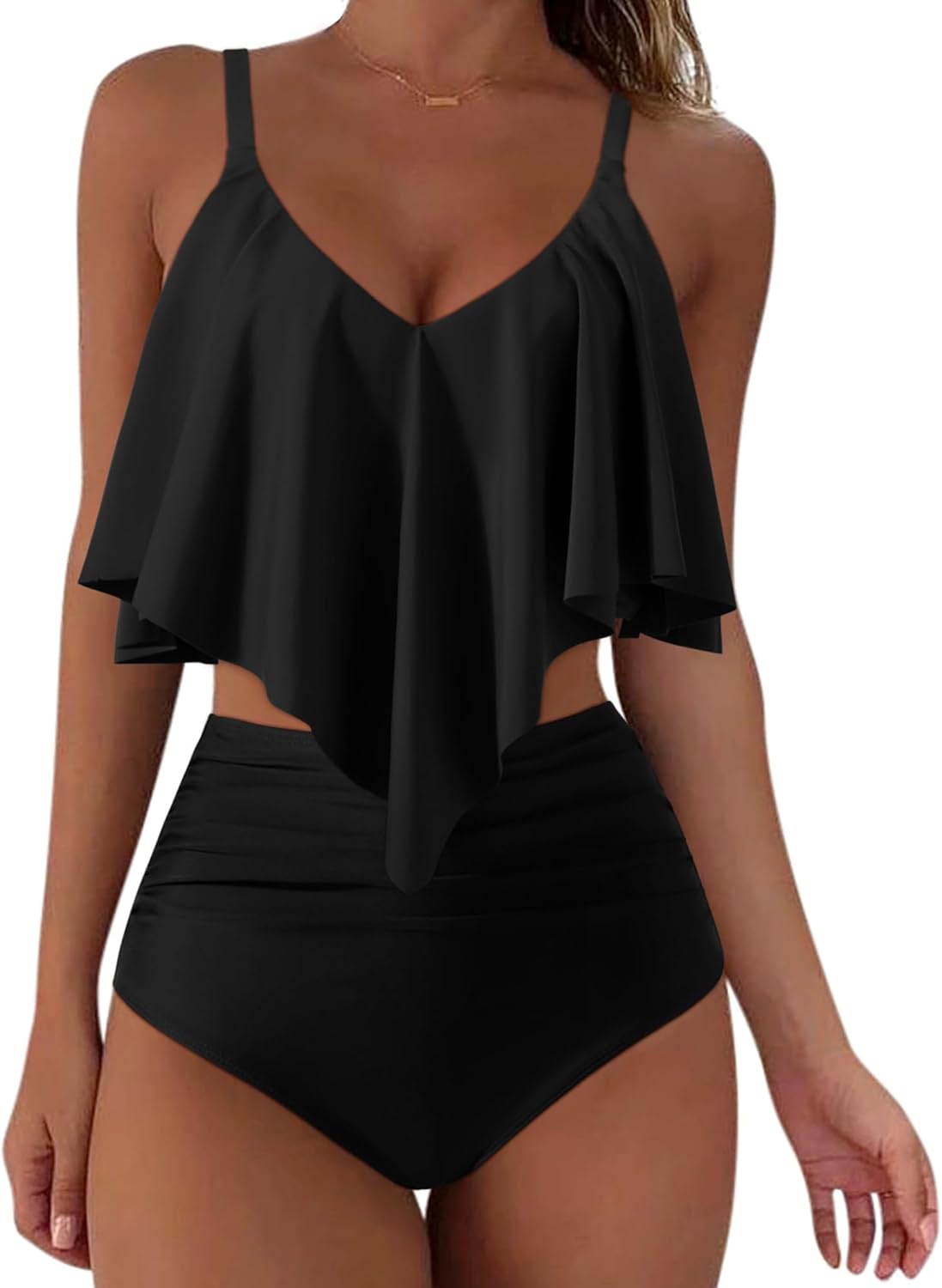 SUUKSESS Women Ruffle High Waisted Tankini Swimsuits Tummy Control Bathing Suit