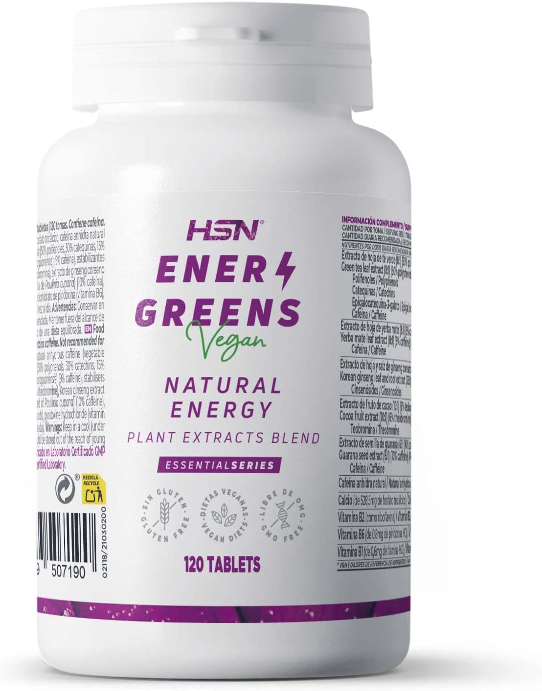 Energreens de HSN | Suplemento Energizante 100% Natural | 120 Tabletas de Té verde + Ginseng + Guaraná + Yerba mate + Theobroma cacao | Vitaminas B1 B2 B6 + Calcio | No-GMO, Vegano, Sin Gluten