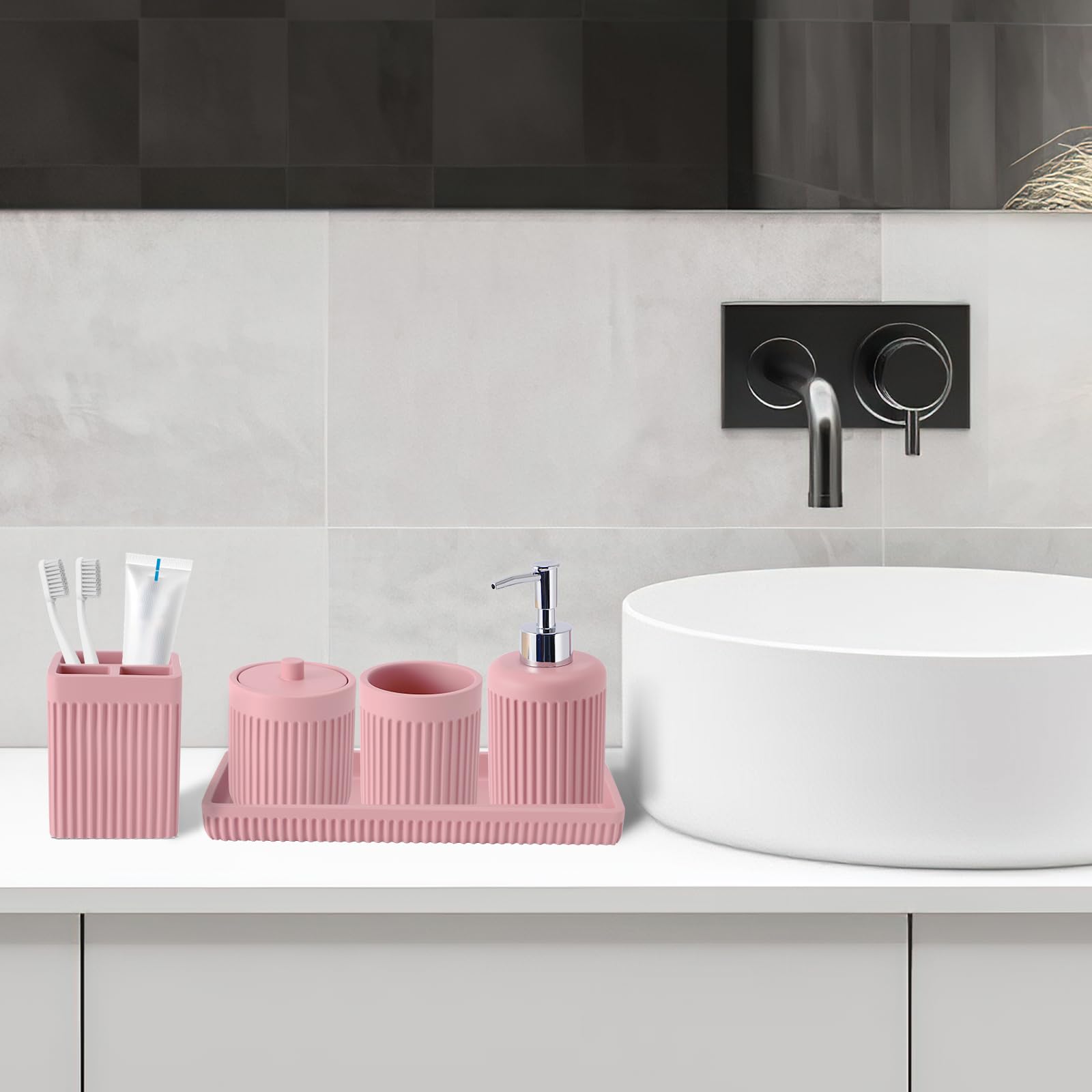 XLHOMO Juego de 5 Accesorios de baño de Resina Rosa, dispensador de jabón de loción, Soporte para Cepillo de Dientes, Vaso de baño, Tarro de hisopo de algodón y Bandeja Multifuncional, Accesorio