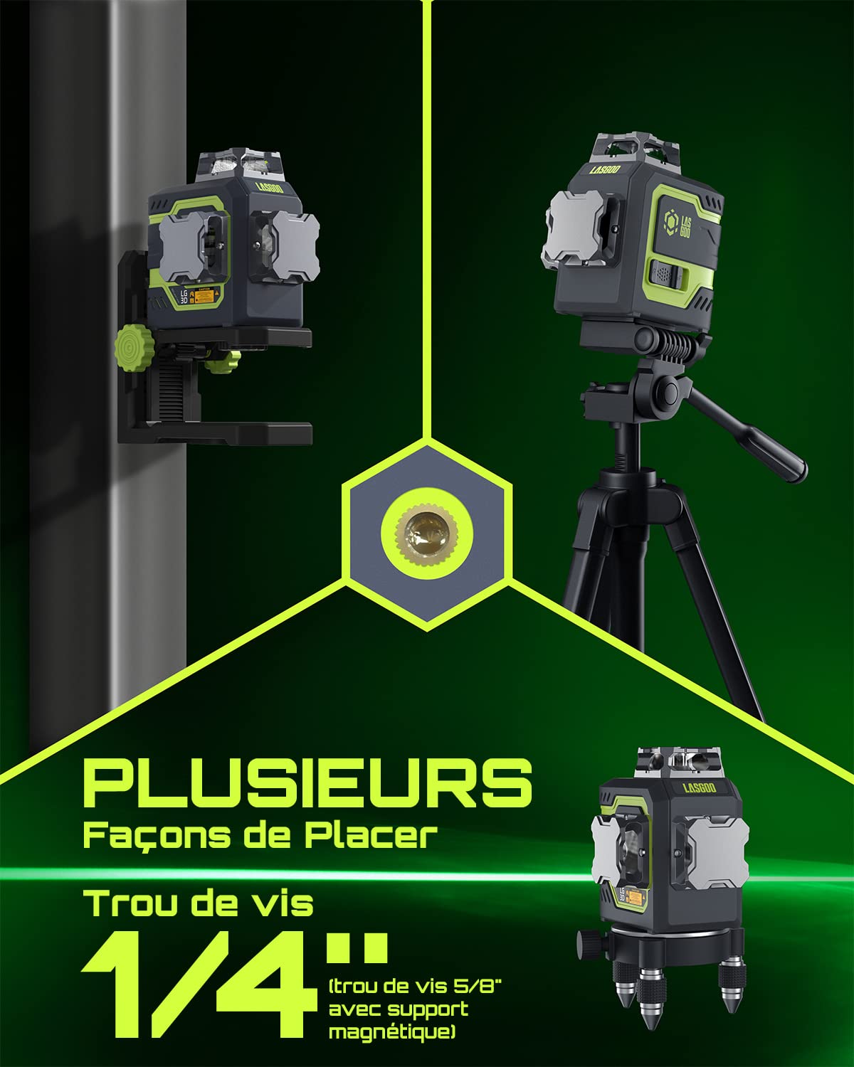 LasGoo LG-3D Niveau Laser Auto-nivelant 3x360°- Laser 3D à Faisceau Vert pour Construction et Alignements - 2 Batteries Rechargeables (20h) - Support Magnétique Rotatif et Relevable，Vert